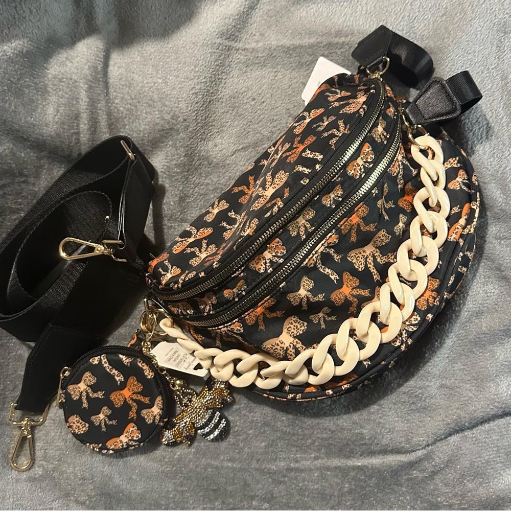 Bow Print Crossbody Bum Bag with Chain Detail & Small Keychain